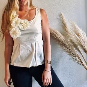 ANTHROPOLOGIE From The Meadow Cream White Floral Ruffle Appliqué Tank Blouse 10